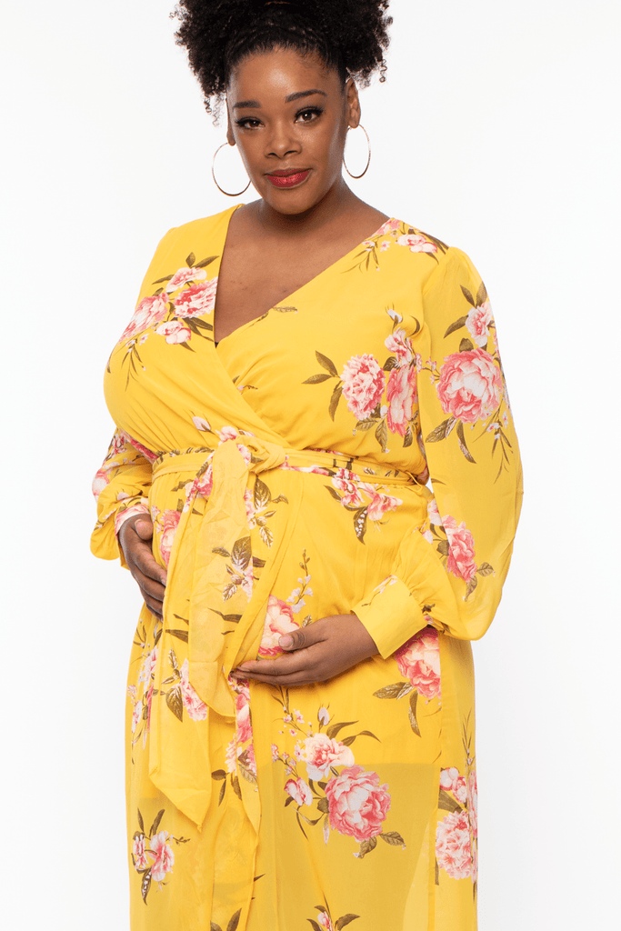 Miss Avenue Dresses Maternity Plus Elliana Floral  Chiffon Dress - Yellow