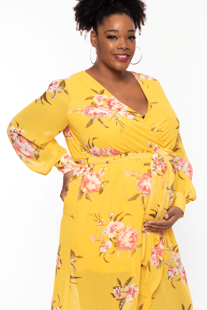 Miss Avenue Dresses Maternity Plus Elliana Floral  Chiffon Dress - Yellow