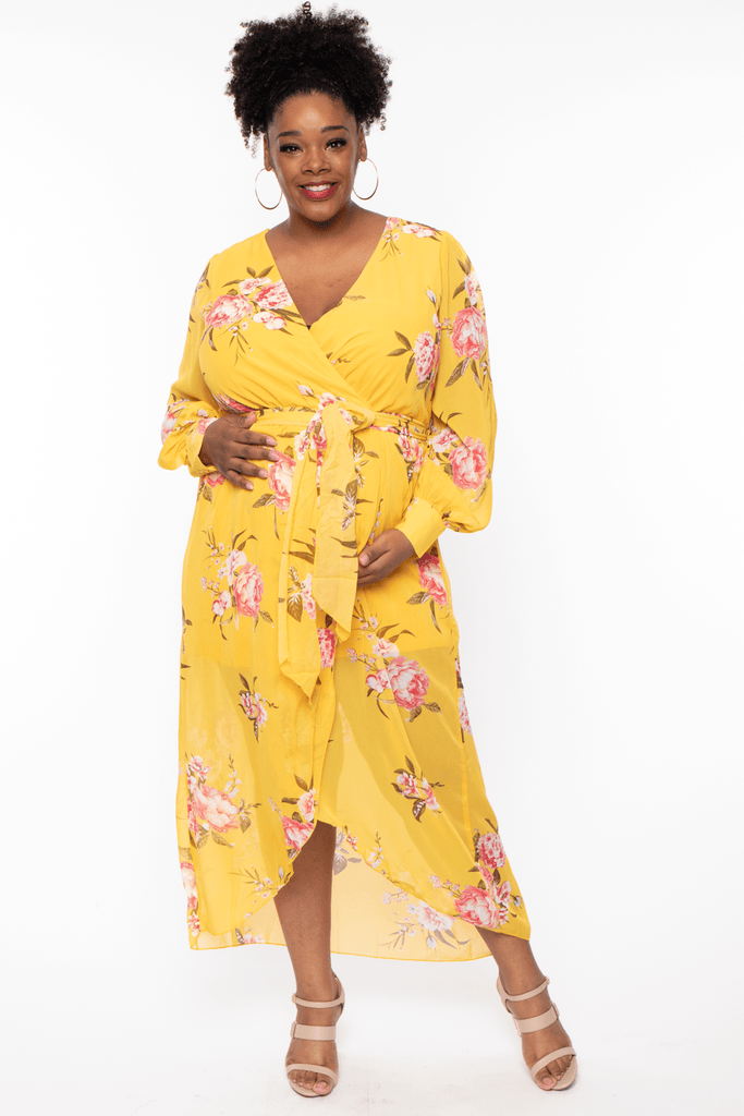 Miss Avenue Dresses 1X / Yellow Maternity Plus Elliana Floral  Chiffon Dress - Yellow