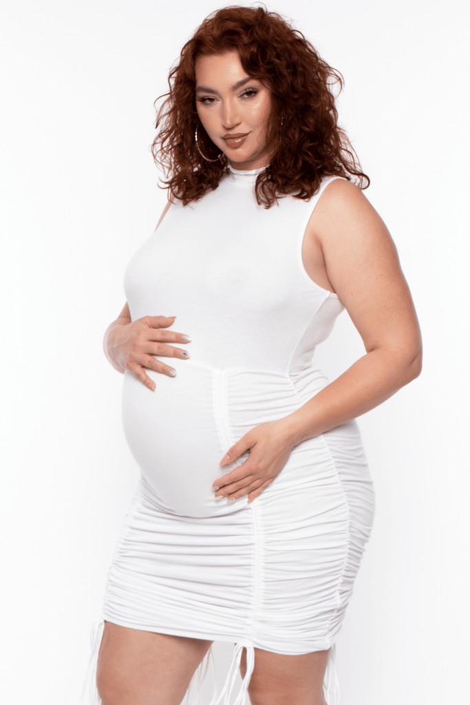 Blue Leopard Dresses Maternity Plus Gia mock neck front ruching dress - White