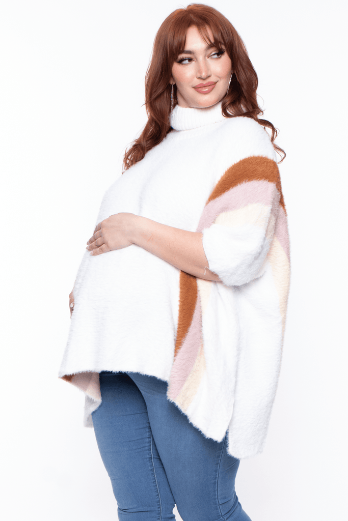 Davi And Dani Tops Maternity Plus Isabel turtleneck Knit color block Poncho - Ivory