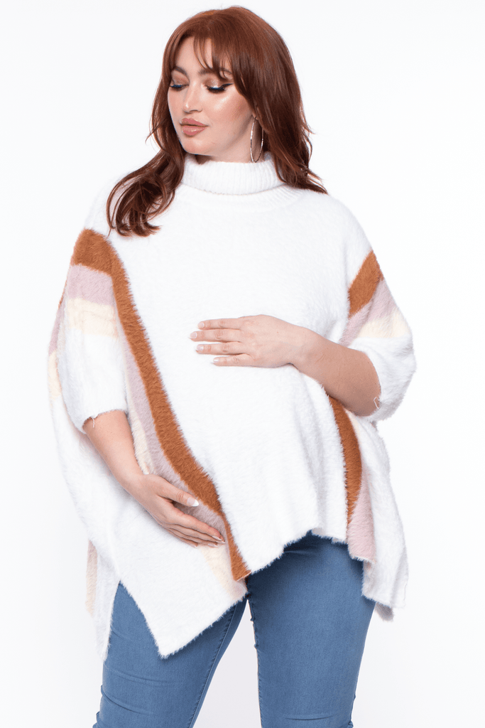 Davi And Dani Tops 1X / Ivory Maternity Plus Isabel turtleneck Knit color block Poncho - Ivory