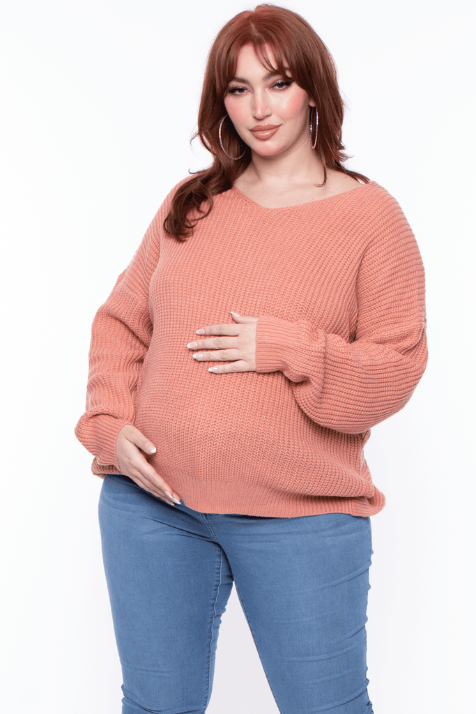 Davi And Dani Tops Maternity Plus Keyla textured twisted back sweater - Terrocota