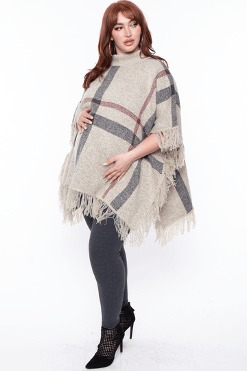 Davi And Dani Tops ONE SIZE / Oatmeal Maternity Plus  Lenna turtleneck Knit Plaid Poncho - Oatmeal