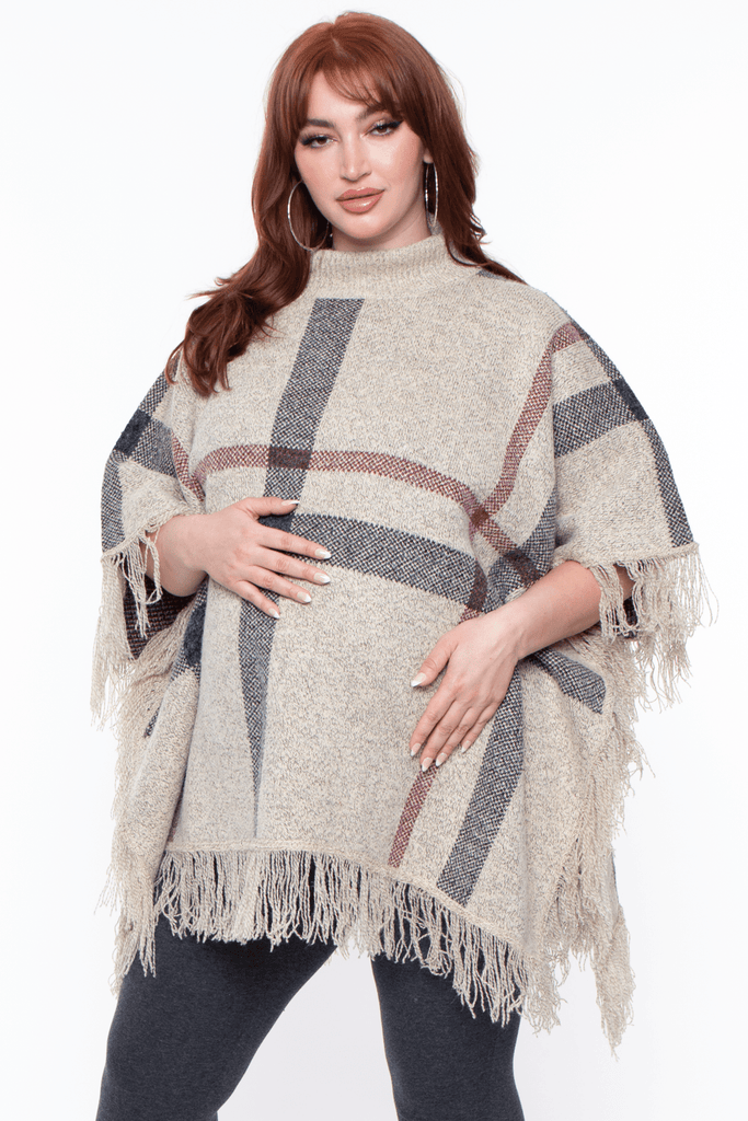 Davi And Dani Tops ONE SIZE / Oatmeal Maternity Plus  Lenna turtleneck Knit Plaid Poncho - Oatmeal