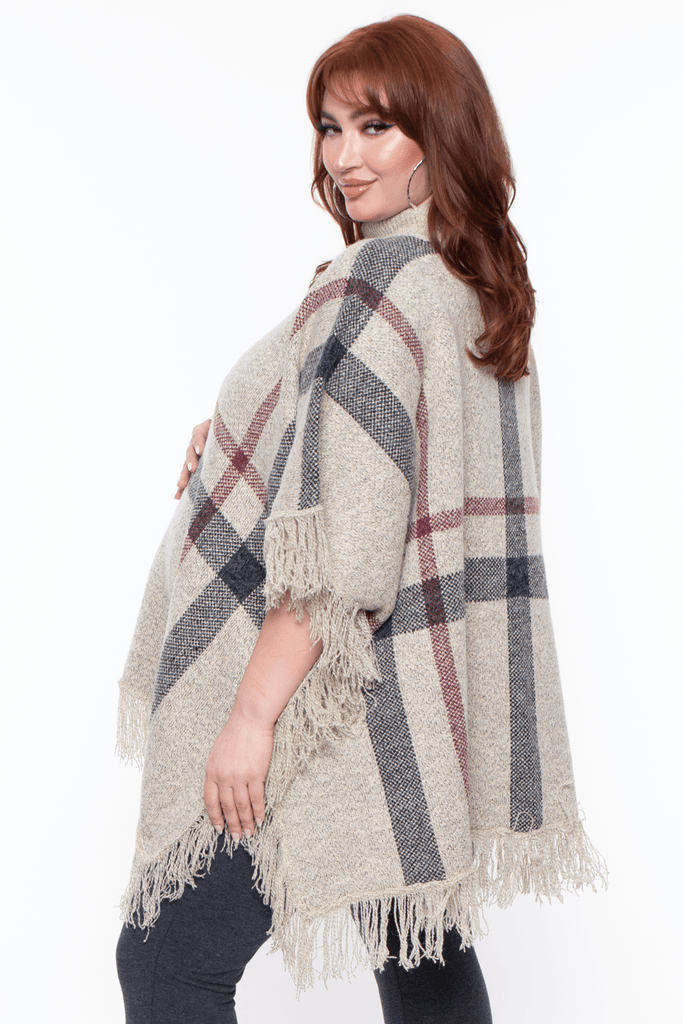 Davi And Dani Tops ONE SIZE / Oatmeal Maternity Plus  Lenna turtleneck Knit Plaid Poncho - Oatmeal