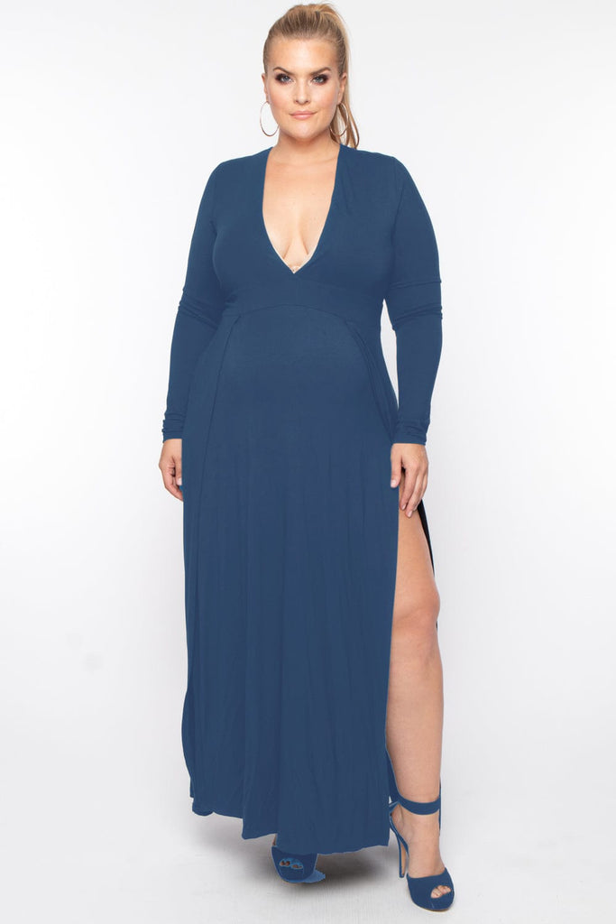 Bump Biddy Dresses 1X / Blue Maternity Plus Narine Plunging Maxi Dress - Blue