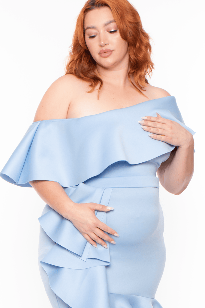Va va Voom Dresses Maternity Plus Penelope Ruffle Gown -Blue