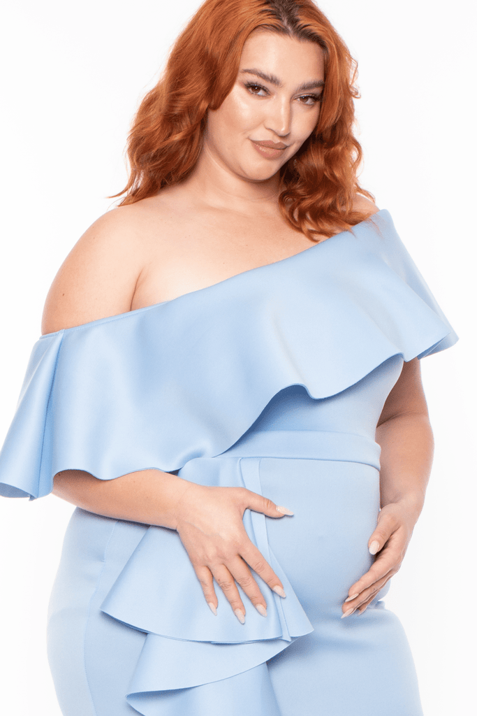 Va va Voom Dresses Maternity Plus Penelope Ruffle Gown -Blue