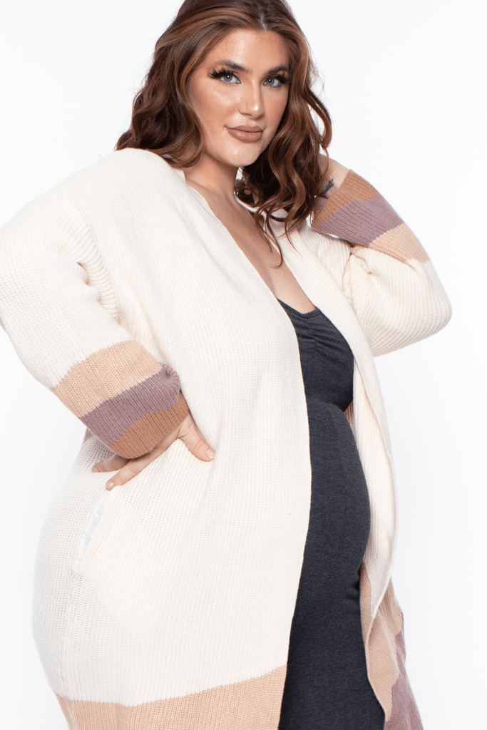 Cozy Casual Tops Maternity Plus Willow Open-Front color block Cardigan - Vanilla