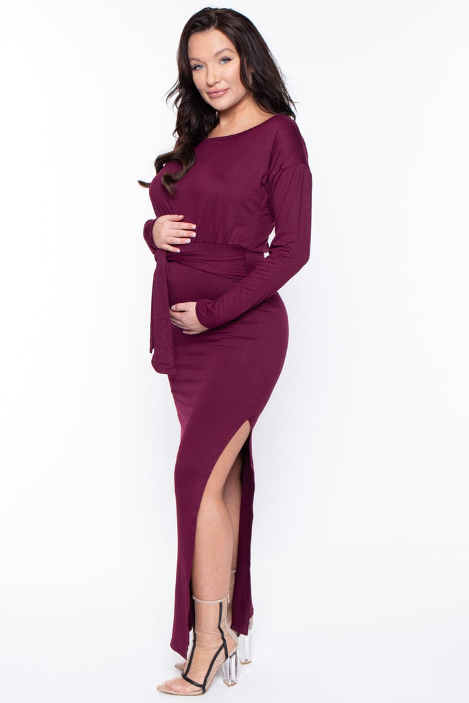 Magia Dresses Maternity Remi Belted Maxi Dress - Burgundy
