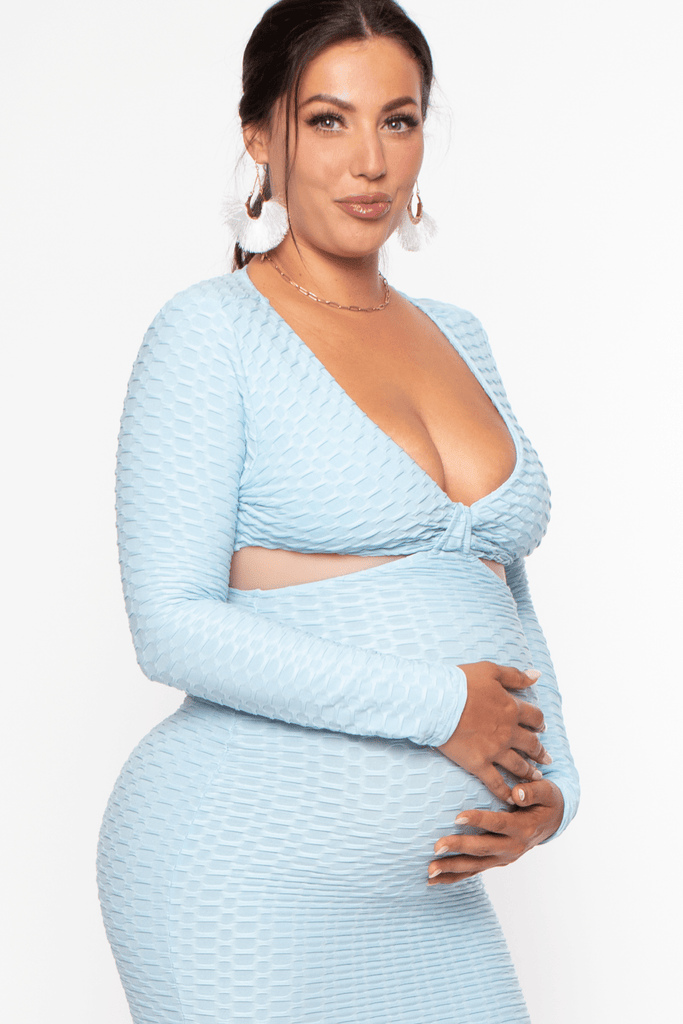 Va va Voom Dresses Maternity Shannon Textured Midi Dress- Blue