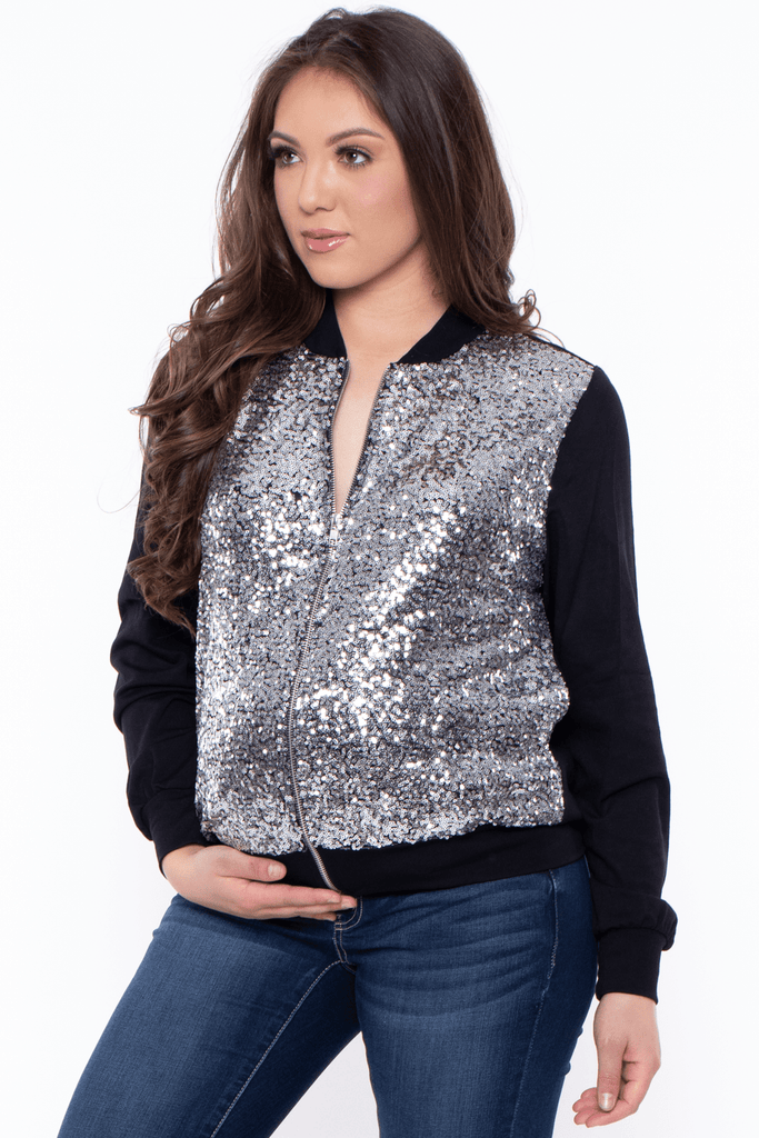 Chris And Carol Tops Maternity Silver Sequin zip front Jacket  -Silver