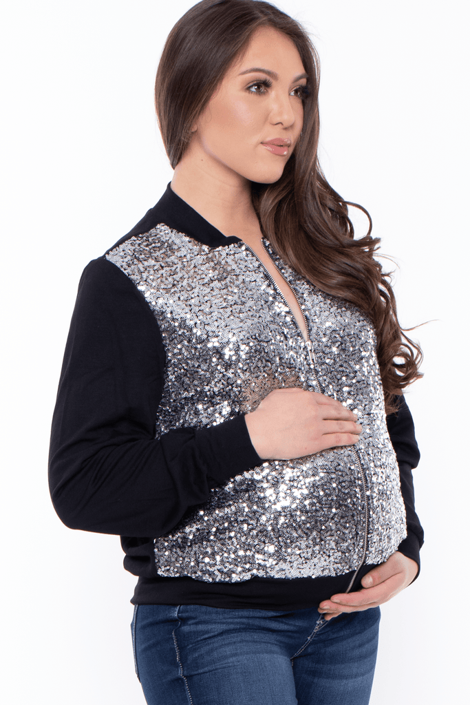 Chris And Carol Tops Maternity Silver Sequin zip front Jacket  -Silver