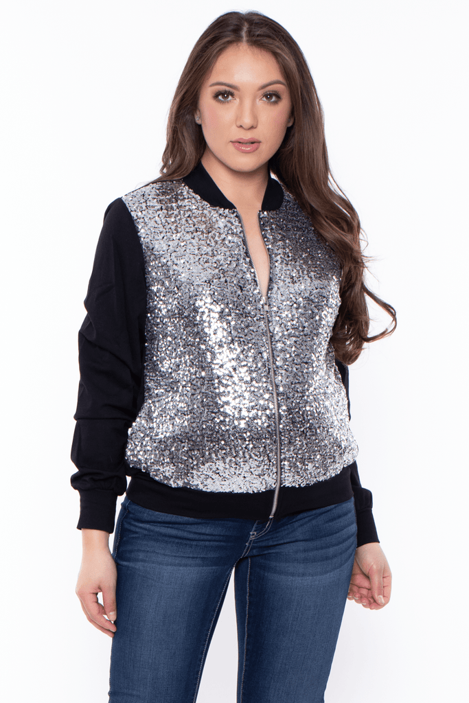 Chris And Carol Tops Maternity Silver Sequin zip front Jacket  -Silver
