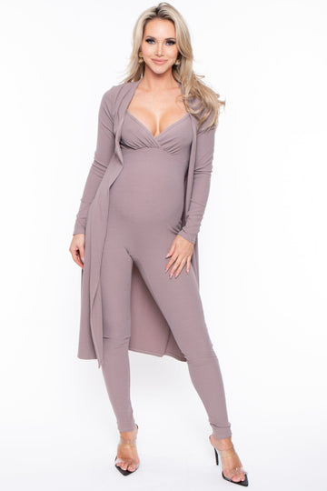 Miss California Jumpsuits & Rompers Maternity Tarrah Jumpsuit And Cardigan Set - Taupe