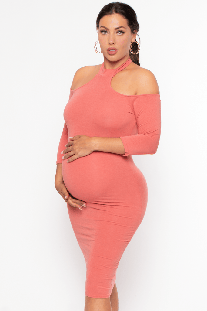 Hearts & Hips Dresses Maternity Ximena Mock Neck Cold Shoulder Dress- Fade Rose