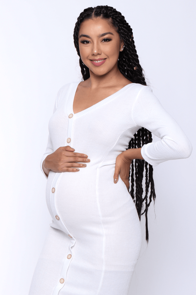 Hearts & Hips Dresses Maternity Yajara Button-Down Rib Maxi Dress - White
