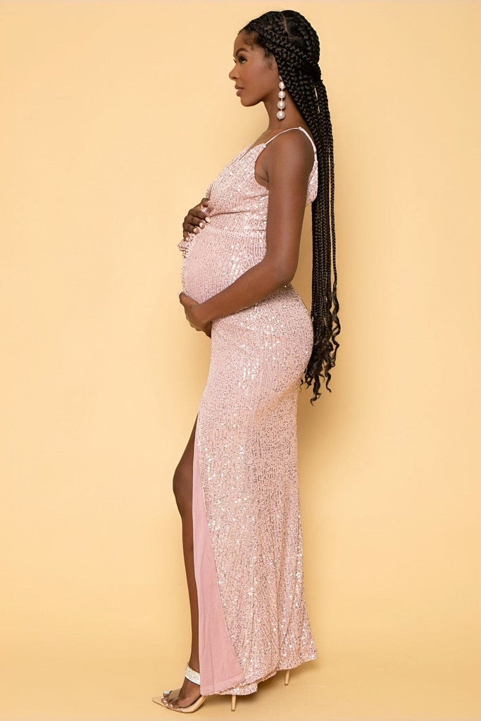 Ricarica Dresses Maternity Divine Stretch Sequins Draped Long  Gown - Mauve